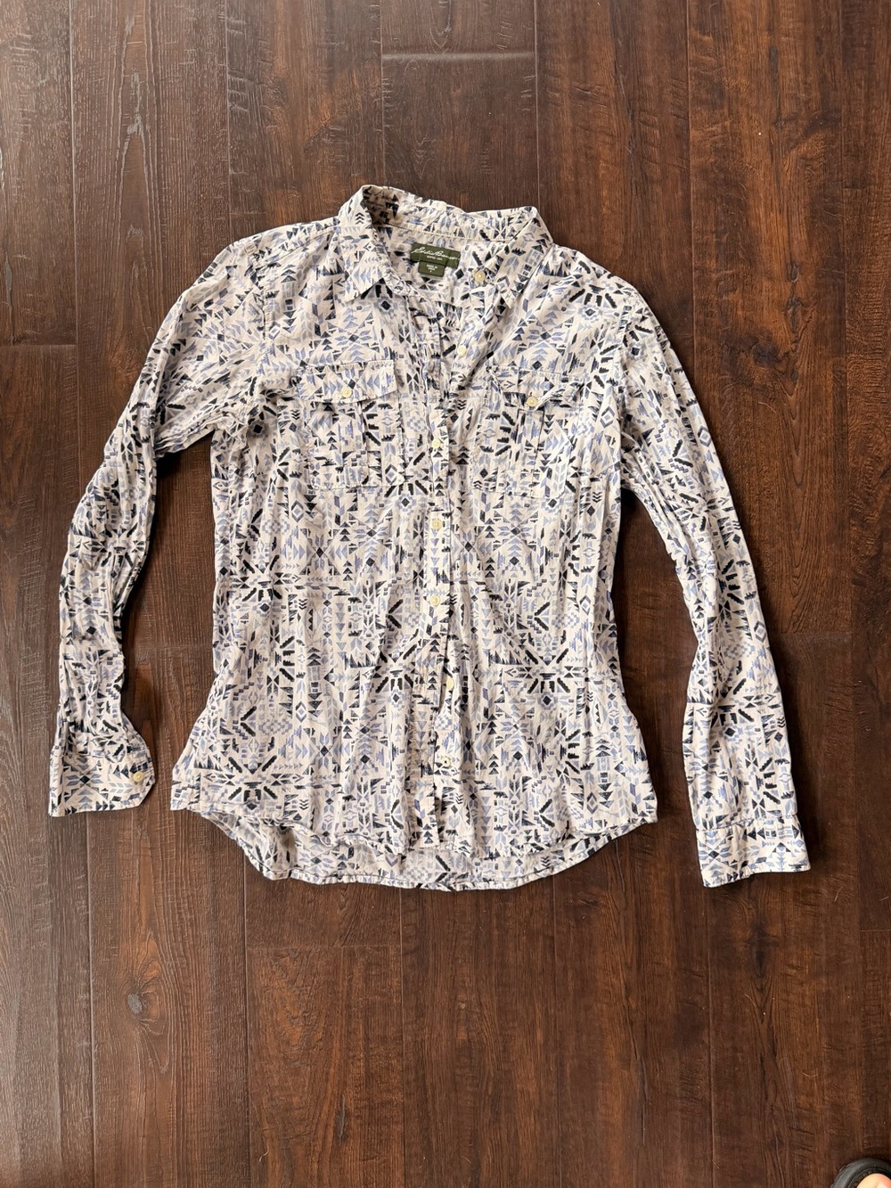 Eddie Bauer Women's Printed Button-Down Shirt - Navy, Cream & Yellow